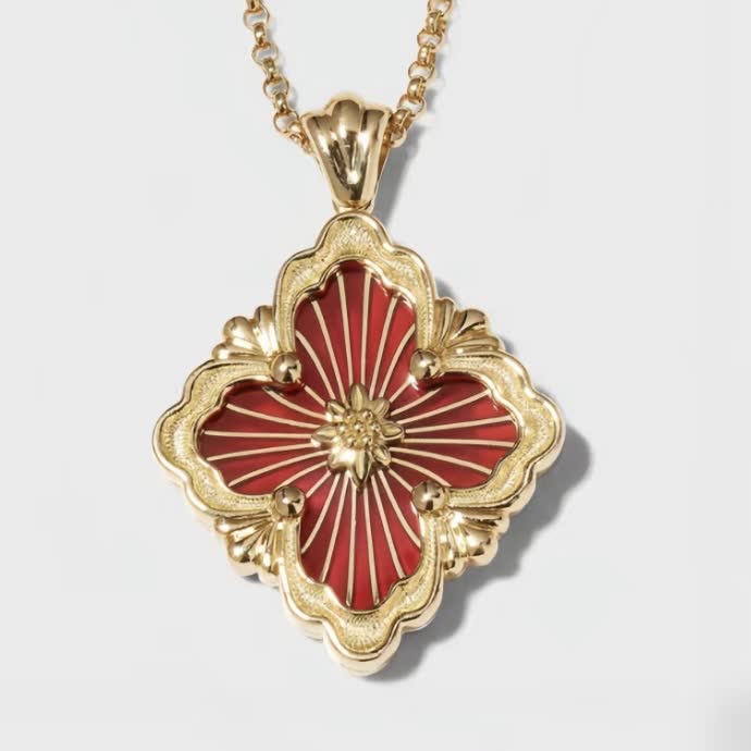 Van Cleef & Arpels Elegant Gold and Red Enamel Flower Pendant Necklace
